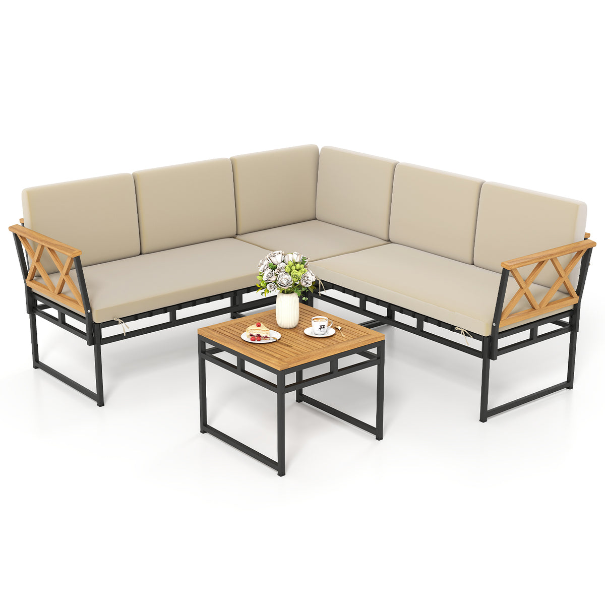 4 Pieces Patio L-Shaped Sofa Set with Cushions and Side Table