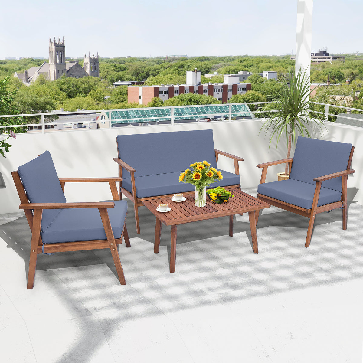 4-Piece Outdoor Acacia Wood Conversation Set - Gray