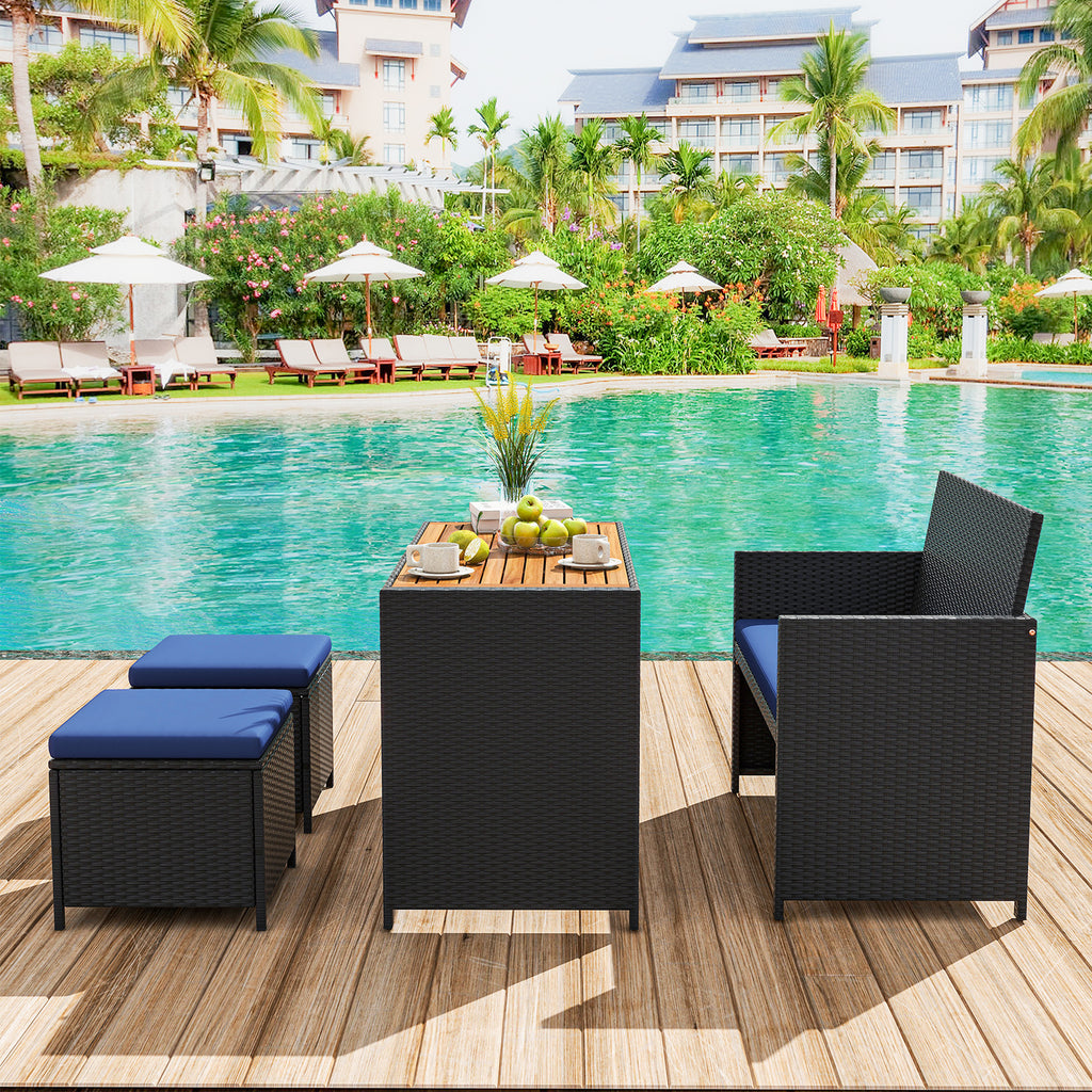4 Piece Outdoor Dining Set with Wood Topped Table, Rattan Loveseat
