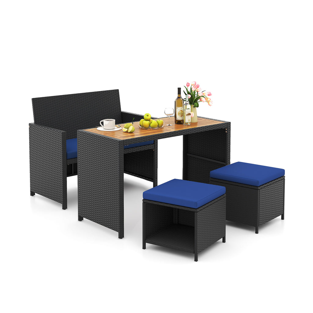 4 Piece Outdoor Dining Set with Wood Topped Table, Rattan Loveseat