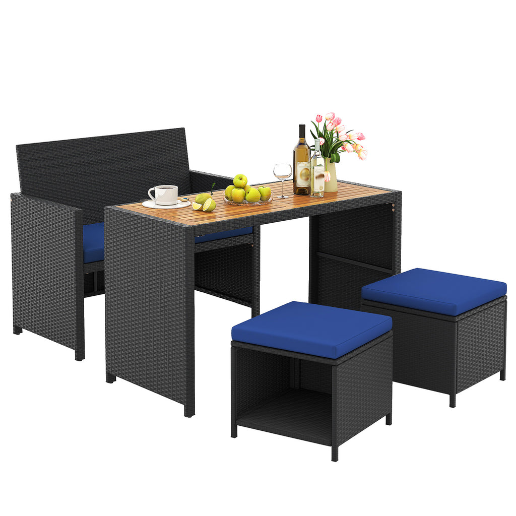 4 Piece Outdoor Dining Set with Wood Topped Table, Rattan Loveseat