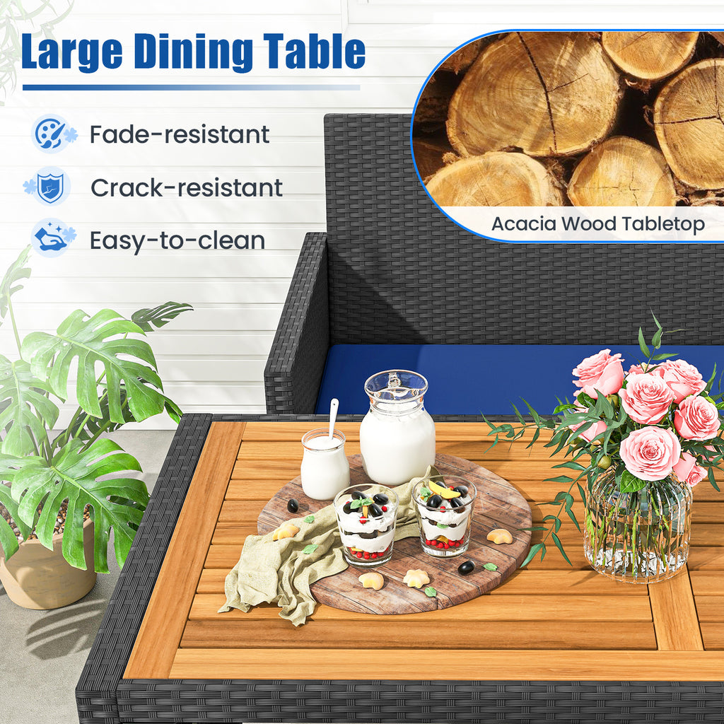 4 Piece Outdoor Dining Set with Wood Topped Table, Rattan Loveseat