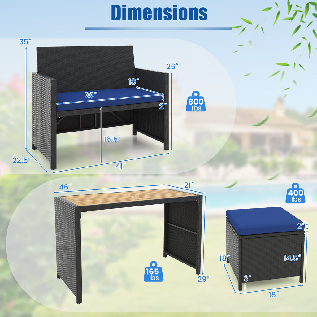 4 Piece Outdoor Dining Set with Wood Topped Table, Rattan Loveseat