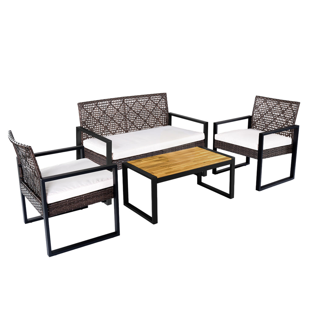 4 Pieces of Metal Patio Furniture Chat Set with Tempered Glass Coffee
