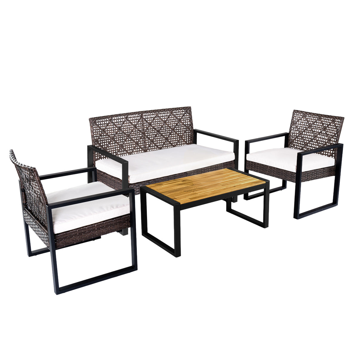 4 Pieces of Metal Patio Furniture Chat Set with Tempered Glass Coffee