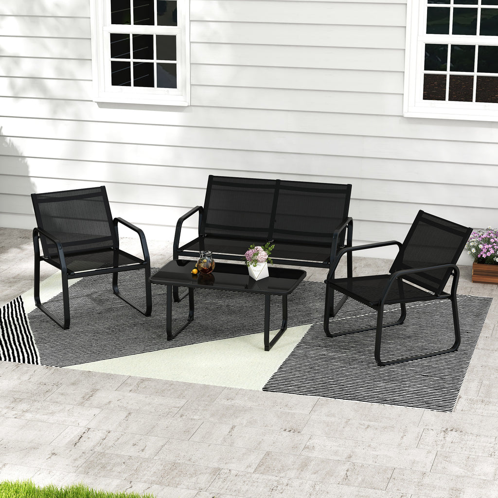4-Piece Patio Conversation Set with Glass Table - Black