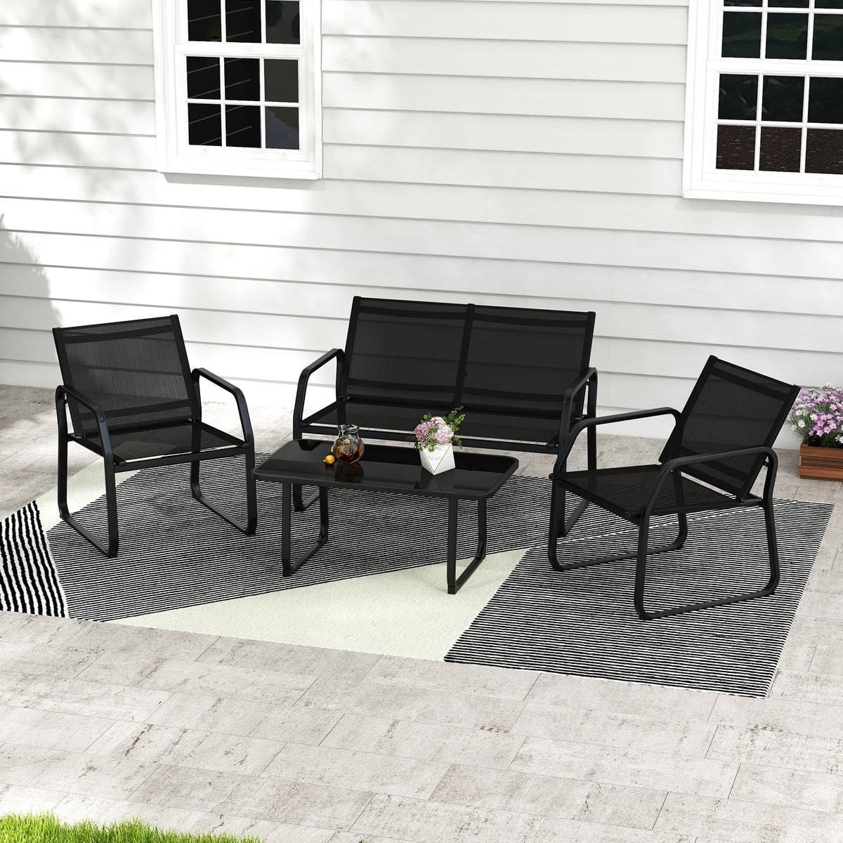 4-Piece Patio Conversation Set with Glass Table - Black
