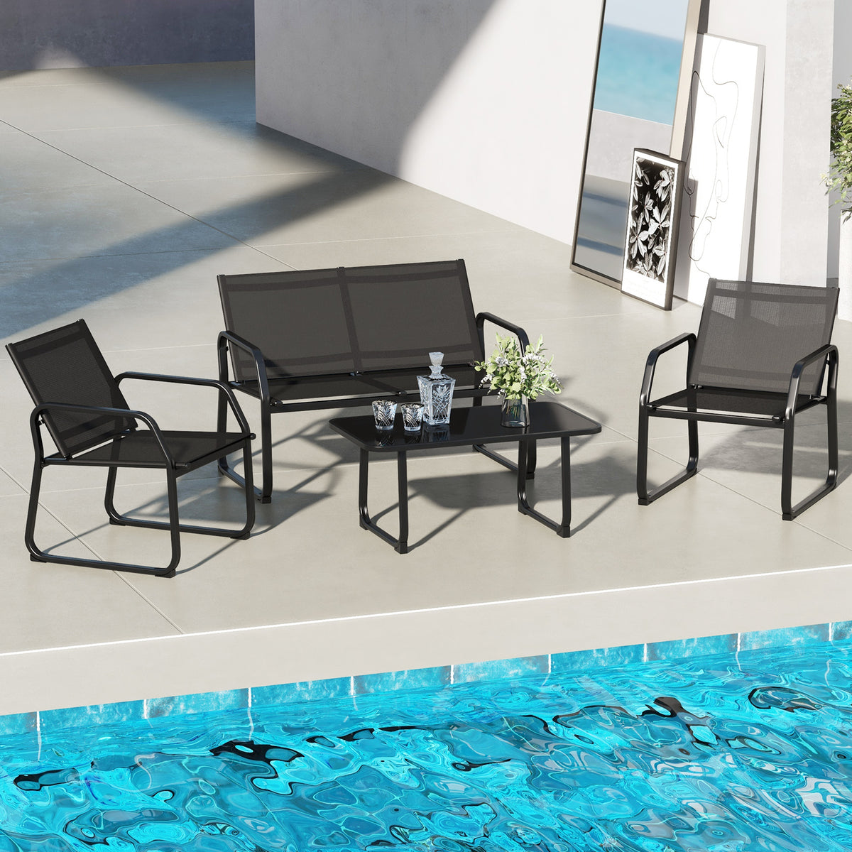4-Piece Patio Conversation Set with Glass Table - Black