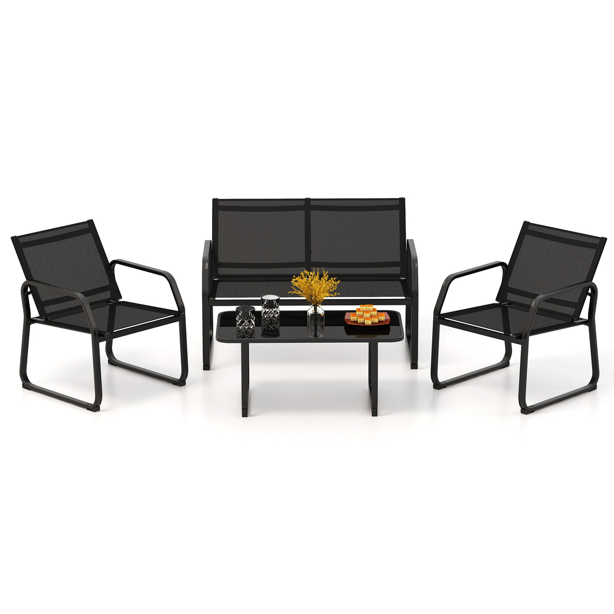 4-Piece Patio Conversation Set with Glass Table - Black