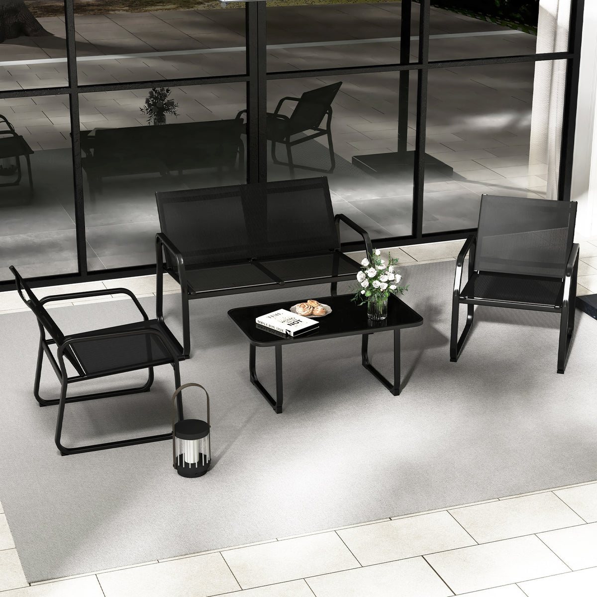 4-Piece Patio Conversation Set with Glass Table - Black