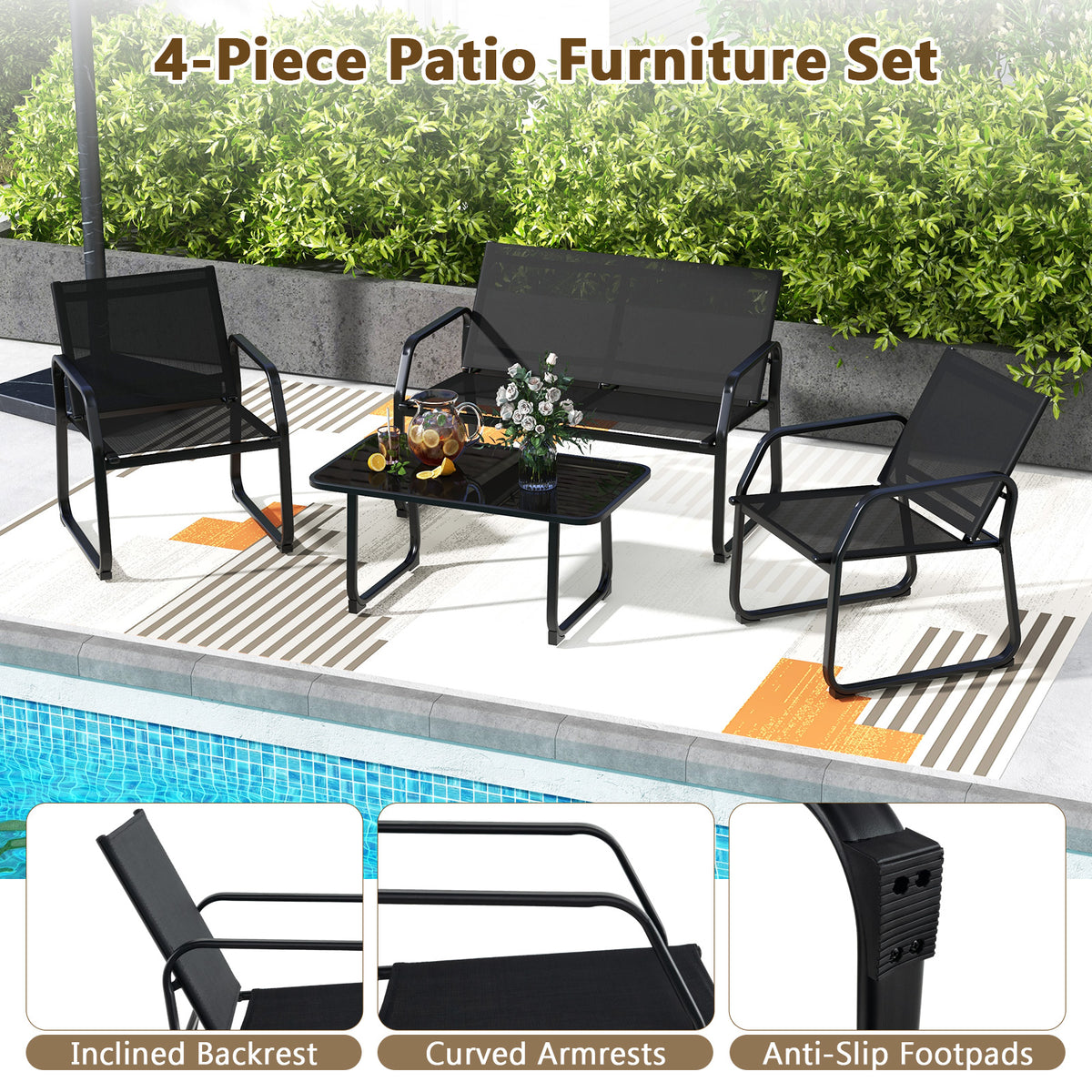 4-Piece Patio Conversation Set with Glass Table - Black