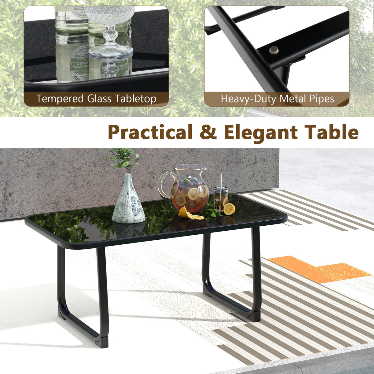 4-Piece Patio Conversation Set with Glass Table - Black