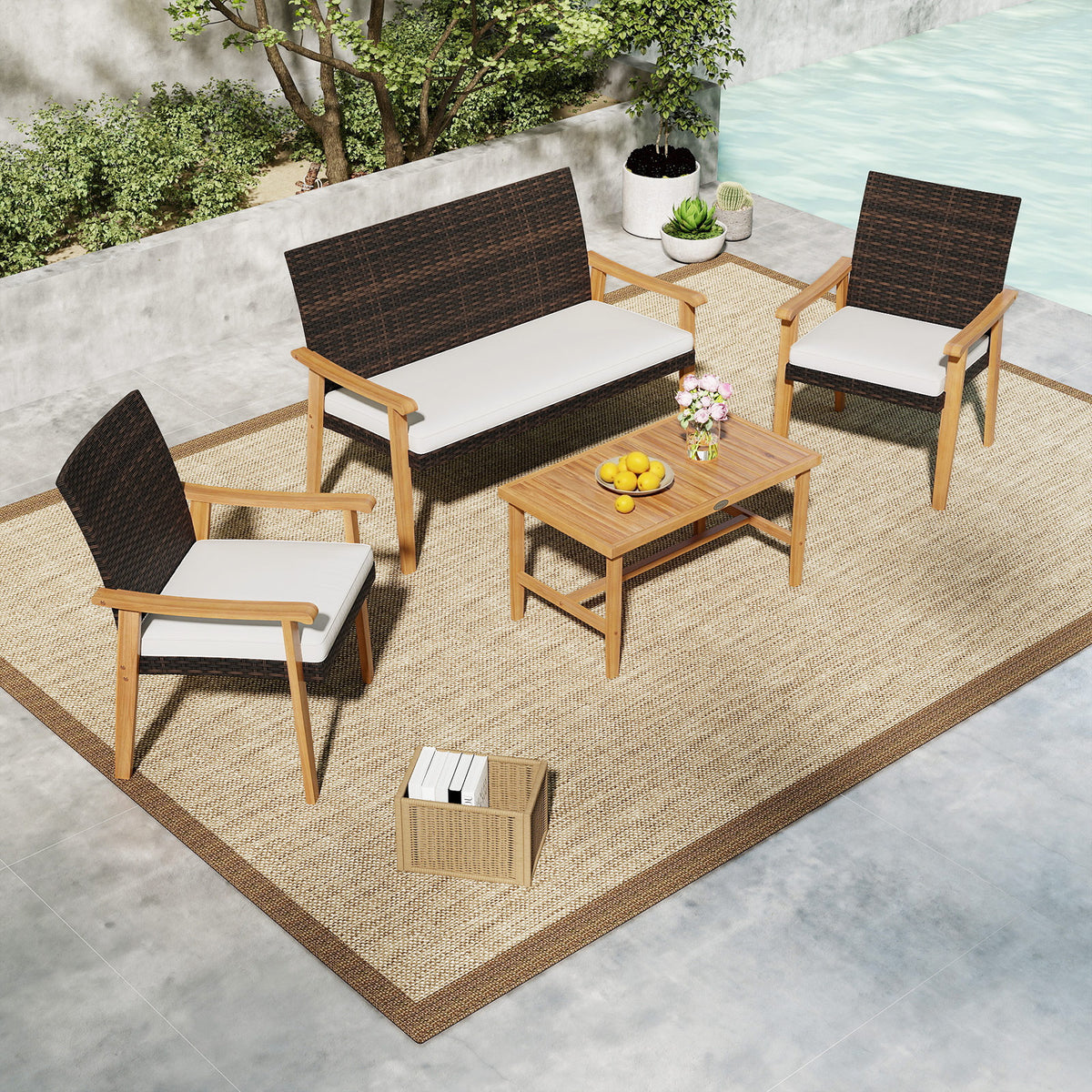 4-Piece Patio Furniture Set with Rattan Chairs & Coffee Table, White