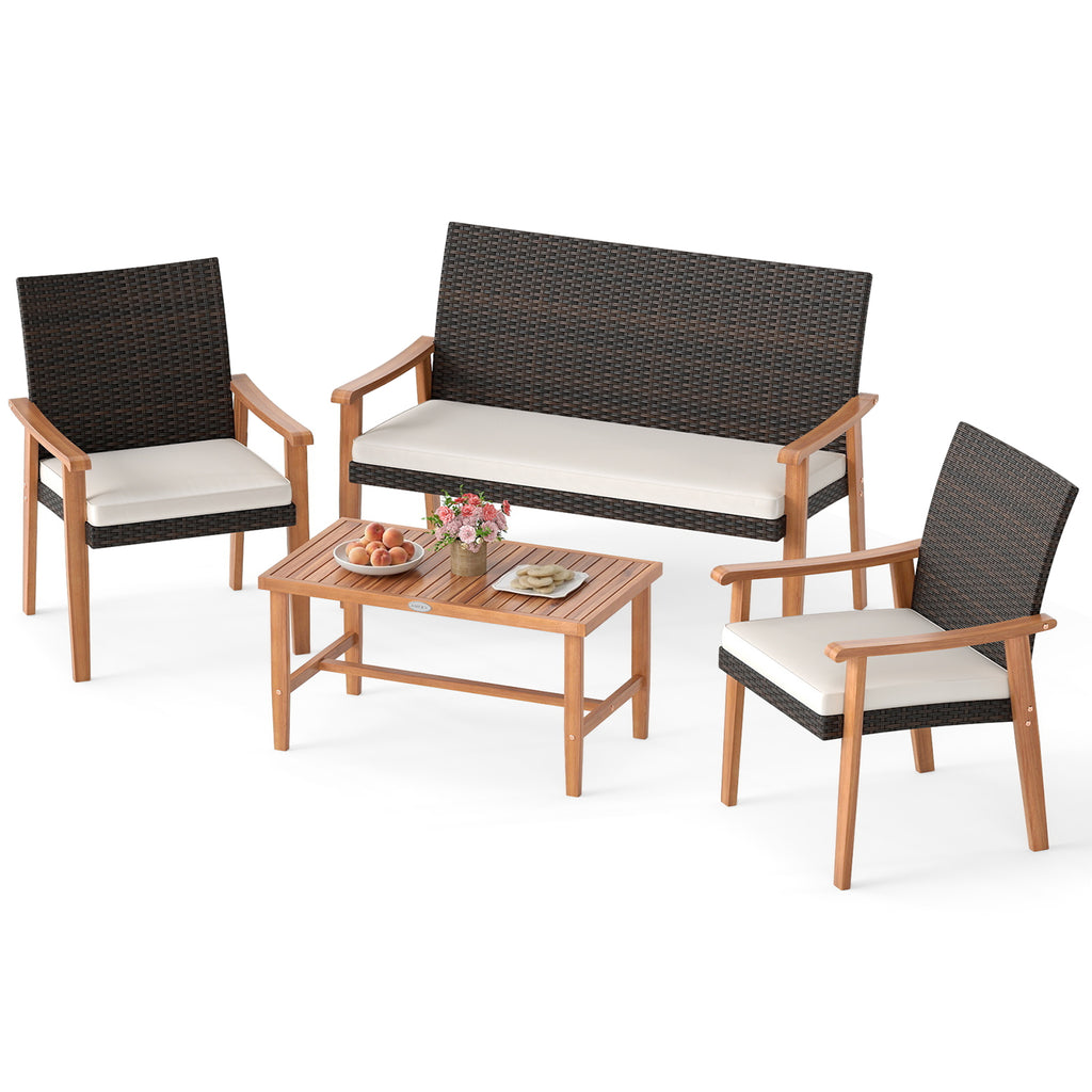 4-Piece Patio Furniture Set with Rattan Chairs & Coffee Table, White