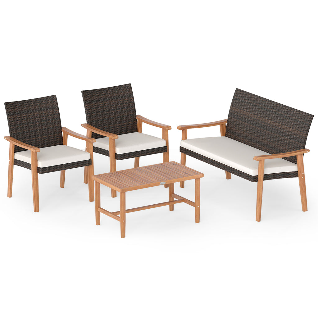 4-Piece Patio Furniture Set with Rattan Chairs & Coffee Table, White