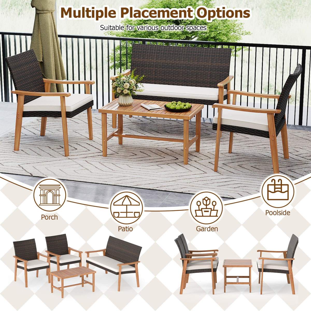 4-Piece Patio Furniture Set with Rattan Chairs & Coffee Table, White
