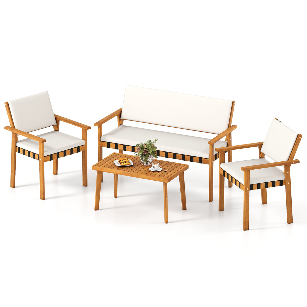 4-Piece Acacia Wood Patio Furniture Set with Coffee Table - White