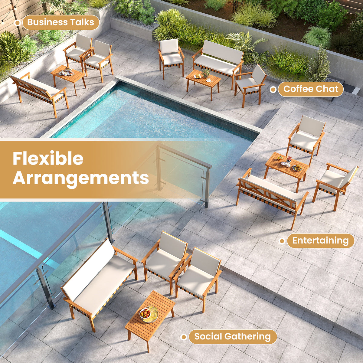 4-Piece Acacia Wood Patio Furniture Set with Coffee Table - White