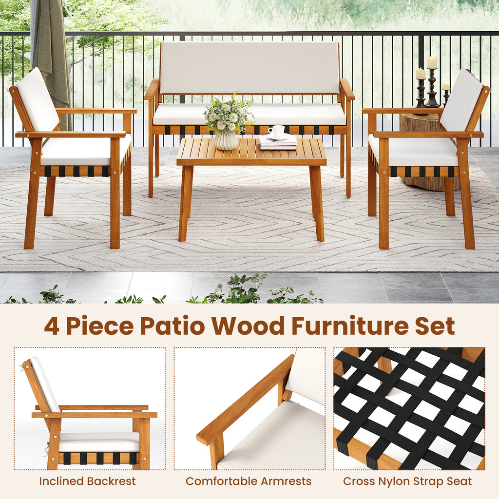 4-Piece Acacia Wood Patio Furniture Set with Coffee Table - White