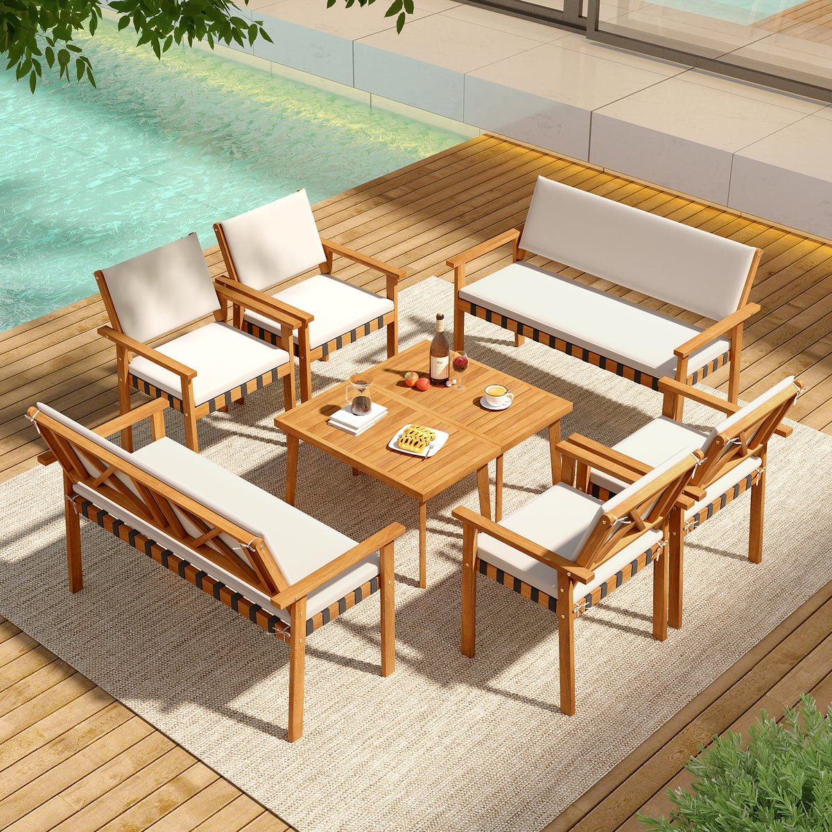 4-Piece Acacia Wood Patio Furniture Set with Coffee Table - White