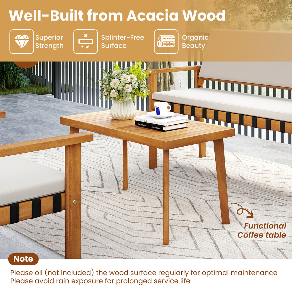 4-Piece Acacia Wood Patio Furniture Set with Coffee Table - White