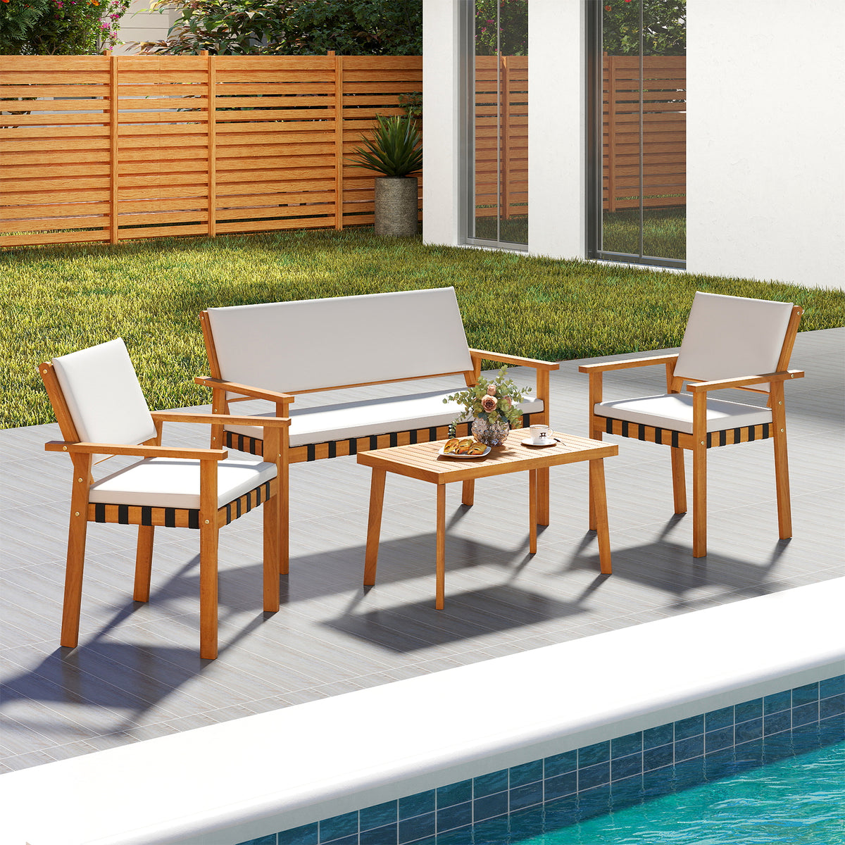 4-Piece Acacia Wood Patio Furniture Set with Coffee Table - White