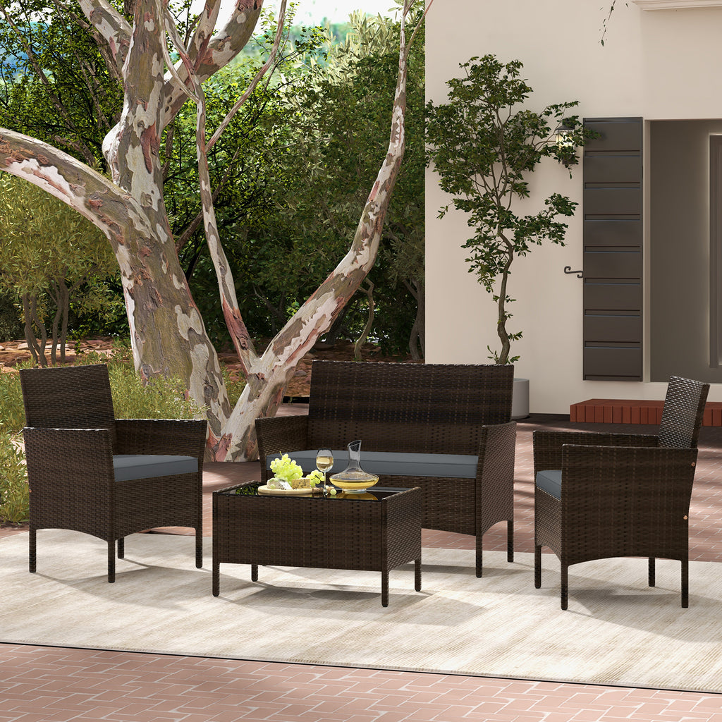4-Piece Patio Rattan Conversation Set with Cushions - Mix Brown & Gray