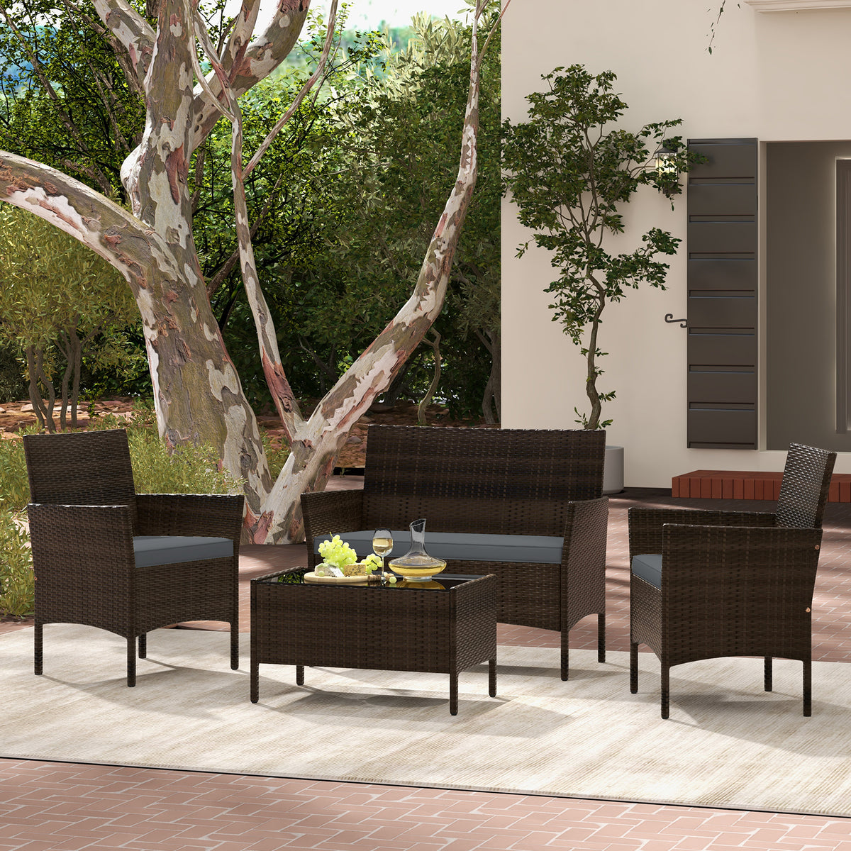 4-Piece Patio Rattan Conversation Set with Cushions - Mix Brown & Gray
