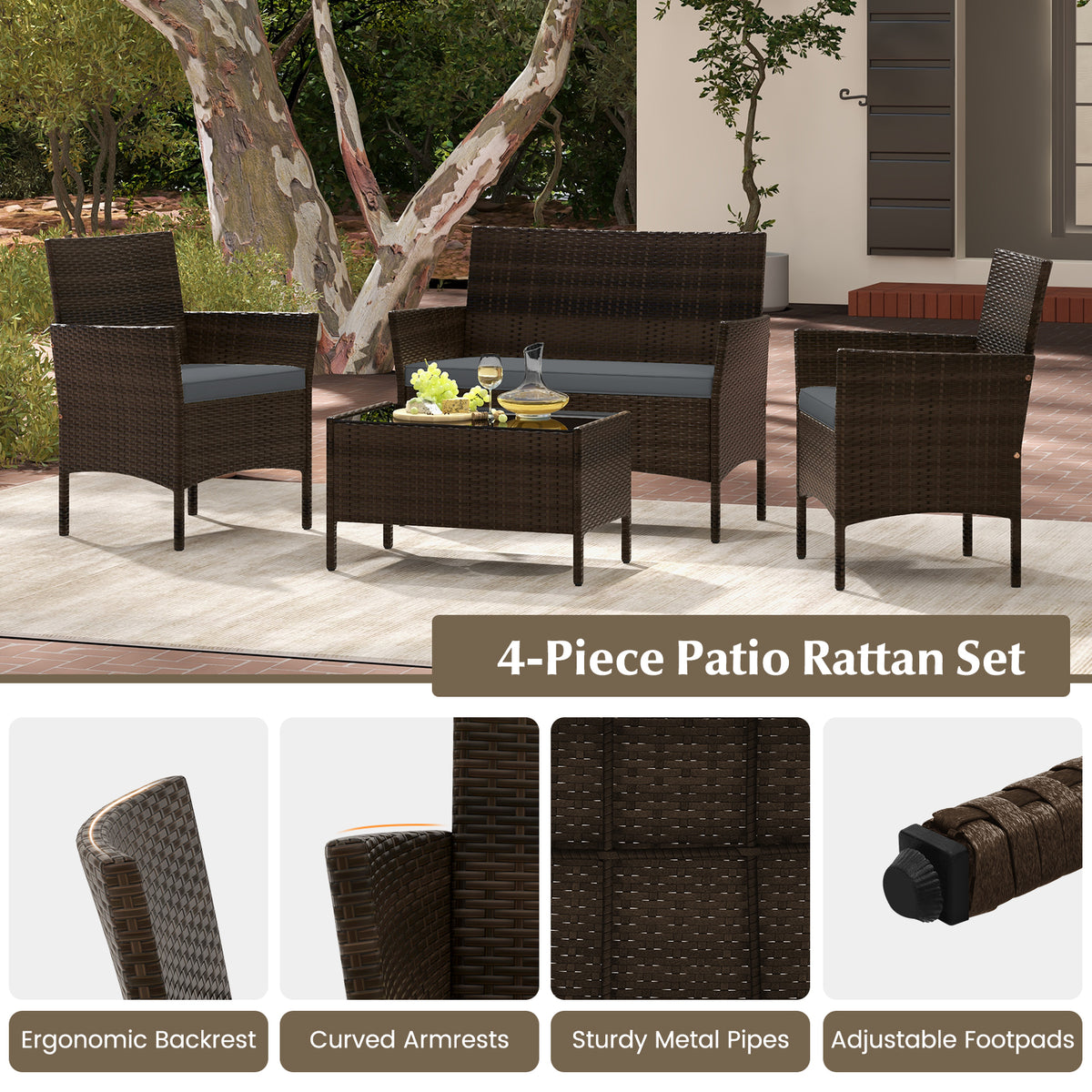 4-Piece Patio Rattan Conversation Set with Cushions - Mix Brown & Gray