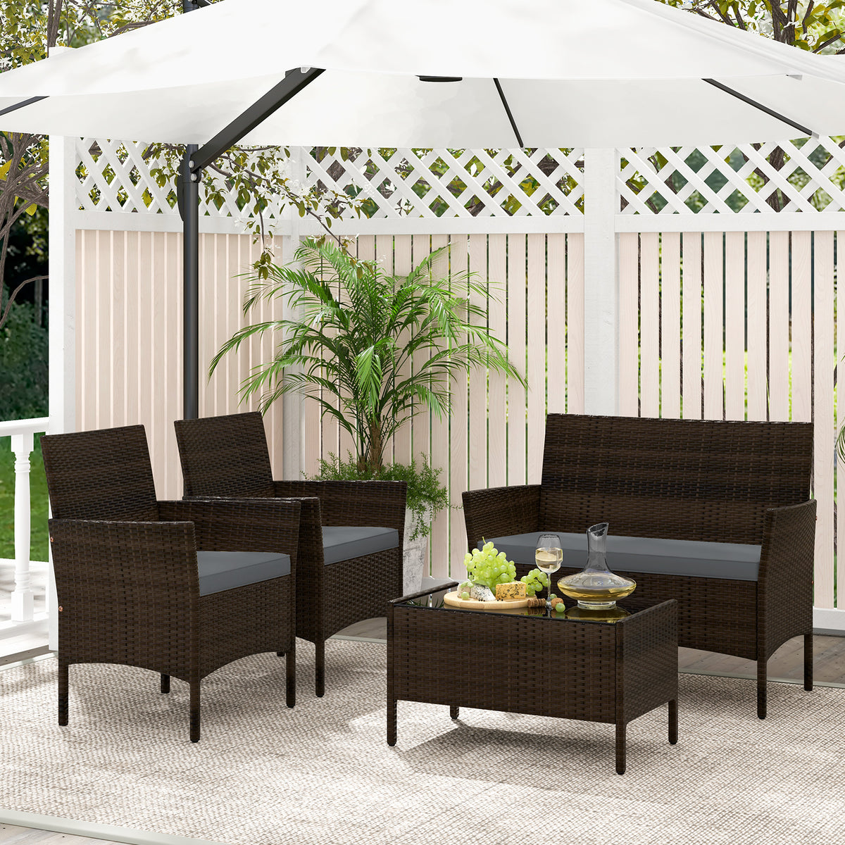 4-Piece Patio Rattan Conversation Set with Cushions - Mix Brown & Gray
