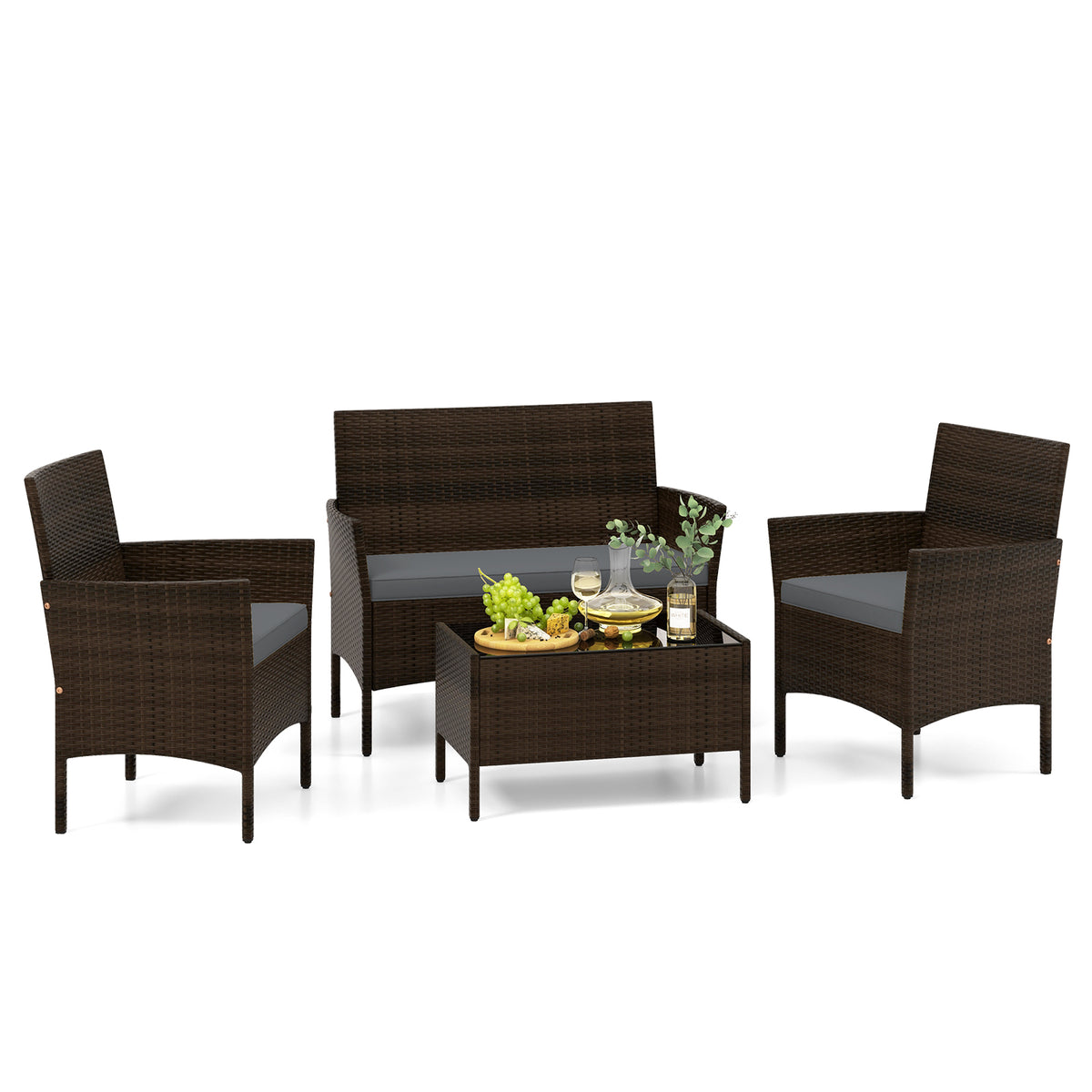 4-Piece Patio Rattan Conversation Set with Cushions - Mix Brown & Gray