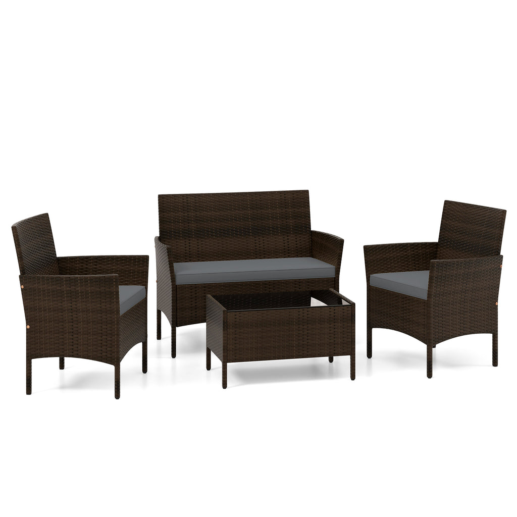 4-Piece Patio Rattan Conversation Set with Cushions - Mix Brown & Gray