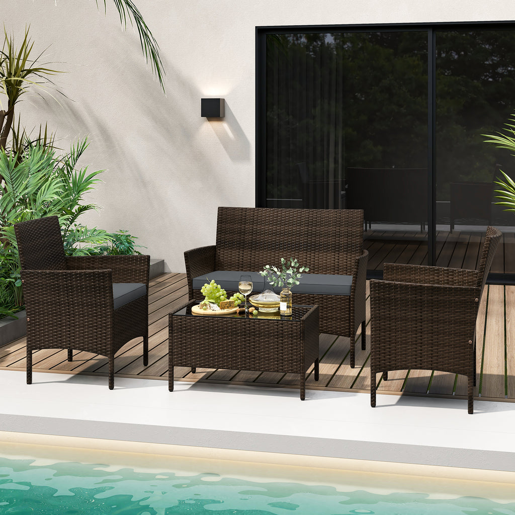 4-Piece Patio Rattan Conversation Set with Cushions - Mix Brown & Gray