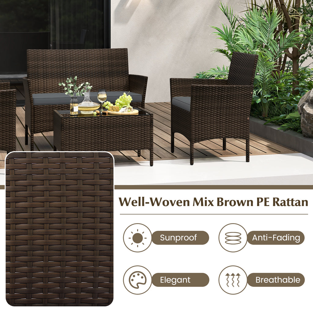 4-Piece Patio Rattan Conversation Set with Cushions - Mix Brown & Gray