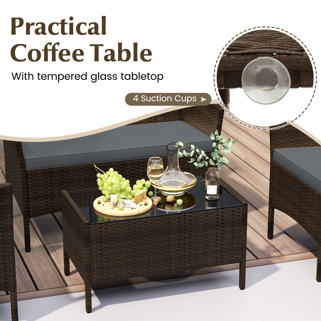 4-Piece Patio Rattan Conversation Set with Cushions - Mix Brown & Gray