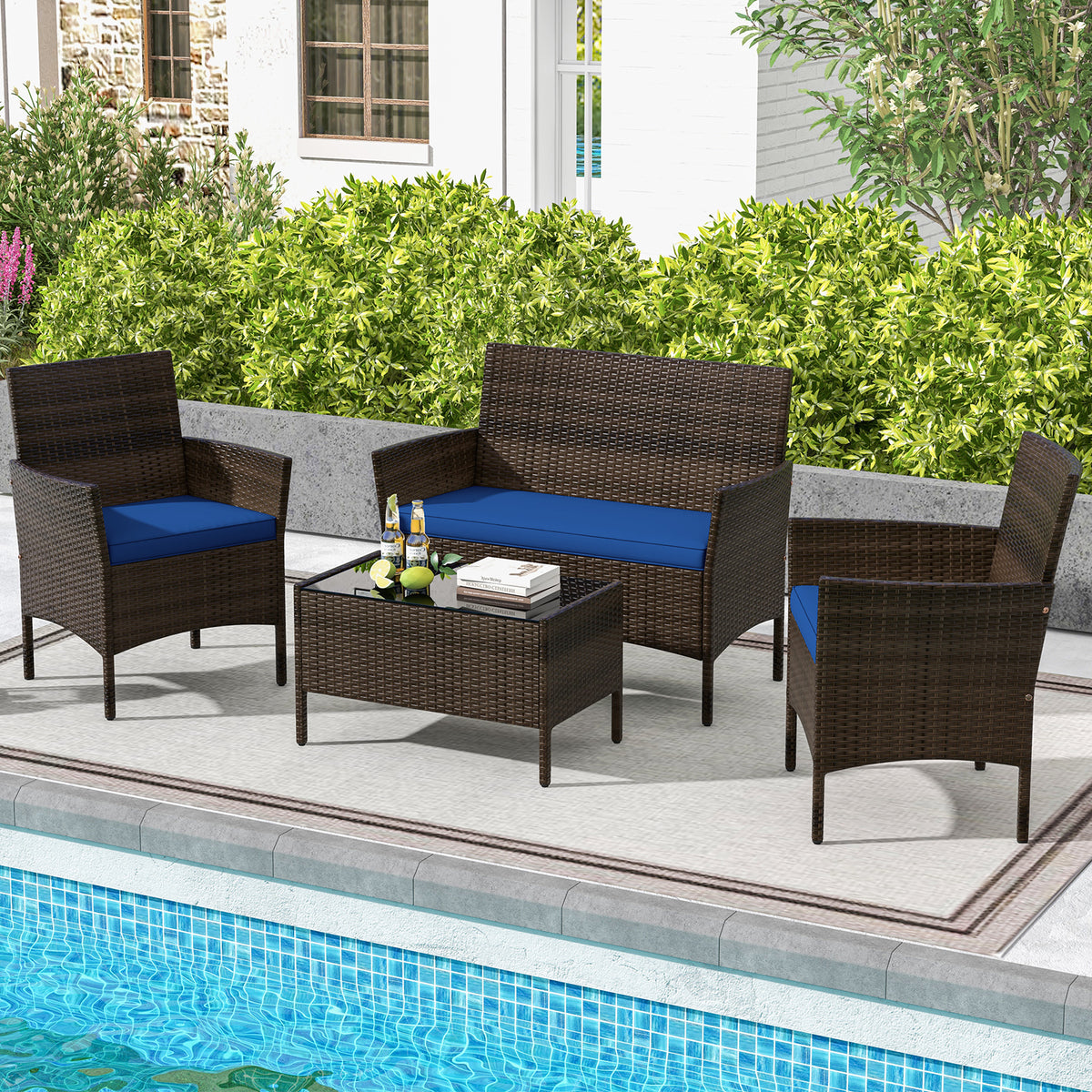 4-Piece Rattan Patio Conversation Set - Mix Brown, Navy