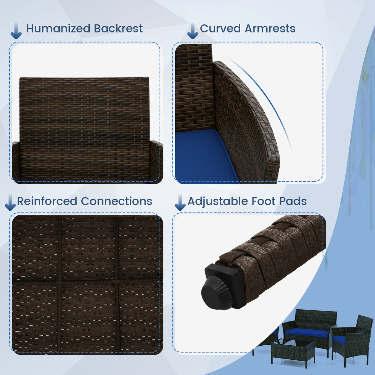 4-Piece Rattan Patio Conversation Set - Mix Brown, Navy