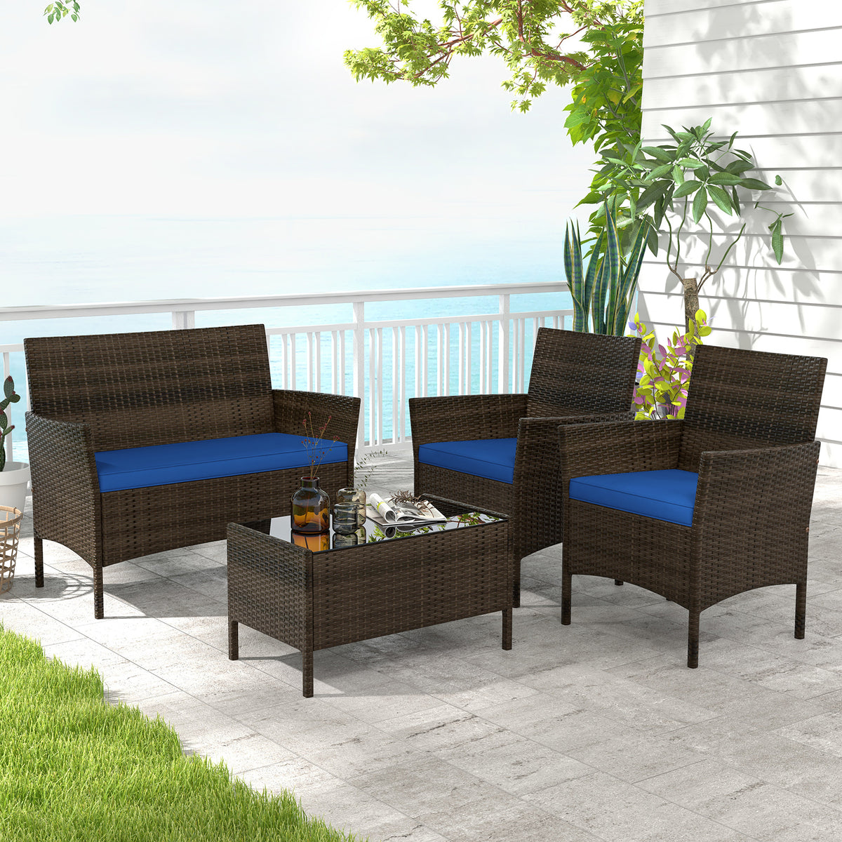 4-Piece Rattan Patio Conversation Set - Mix Brown, Navy