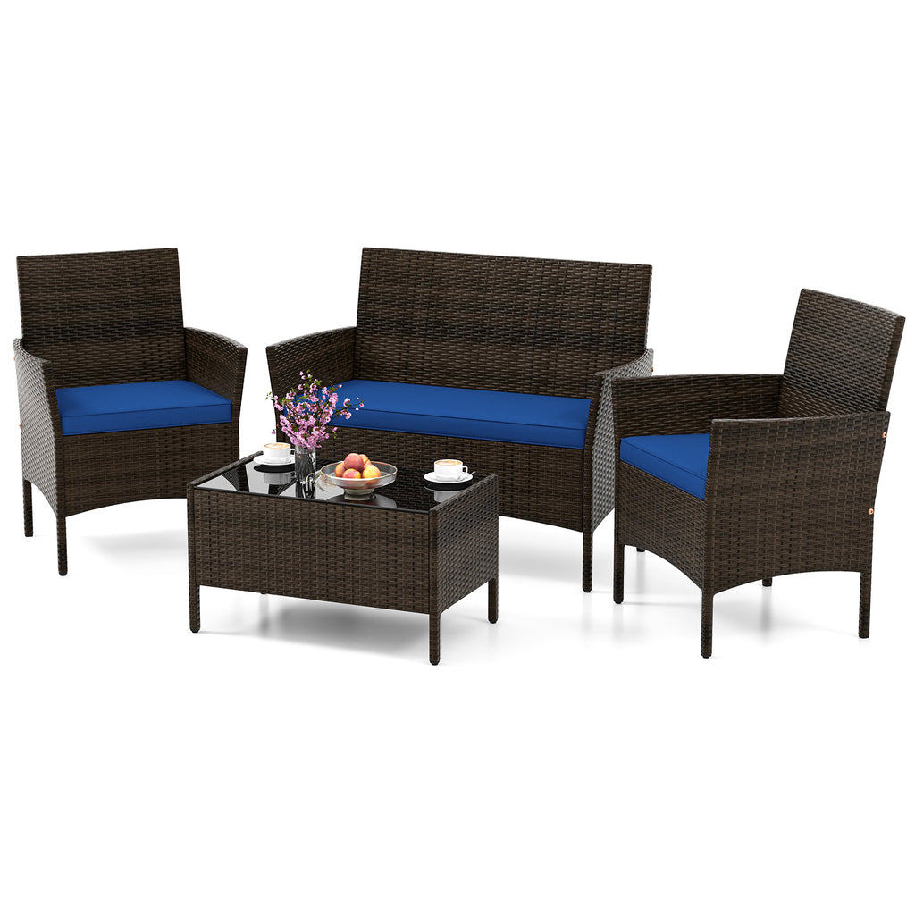 4-Piece Rattan Patio Conversation Set - Mix Brown, Navy