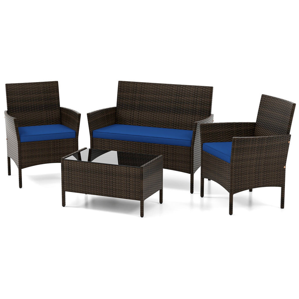 4-Piece Rattan Patio Conversation Set - Mix Brown, Navy