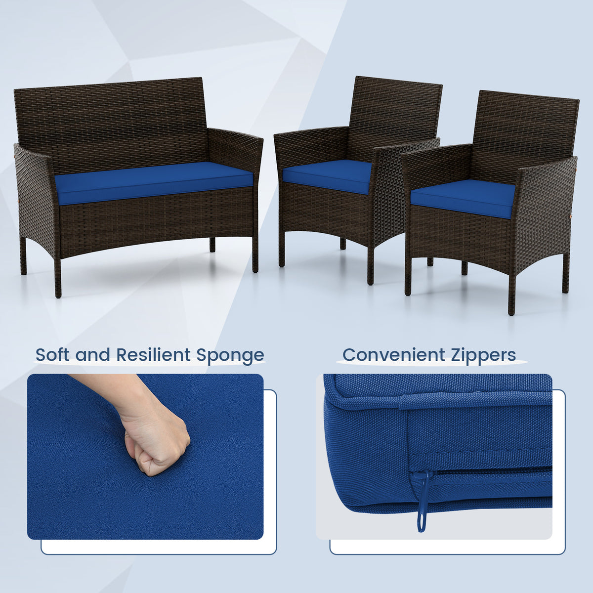 4-Piece Rattan Patio Conversation Set - Mix Brown, Navy