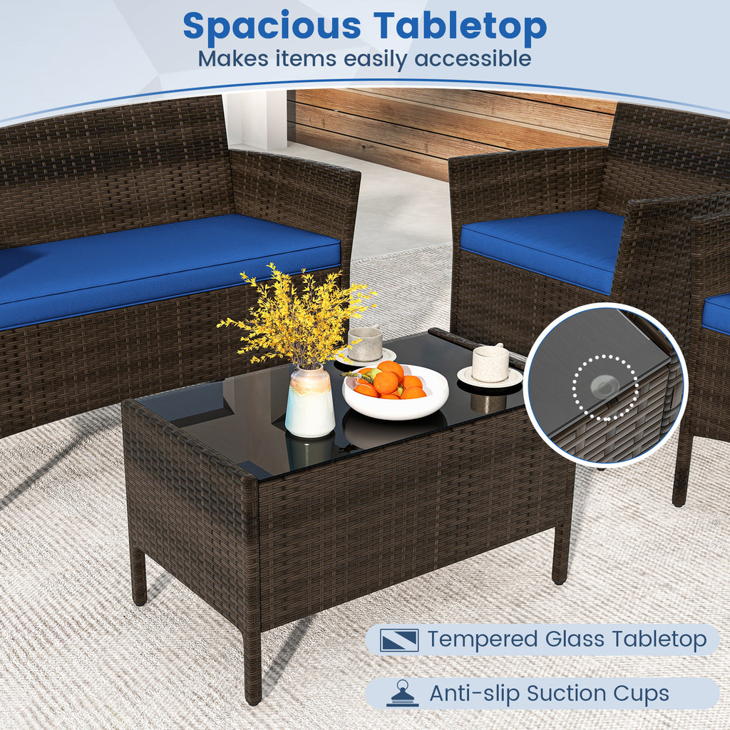 4-Piece Rattan Patio Conversation Set - Mix Brown, Navy