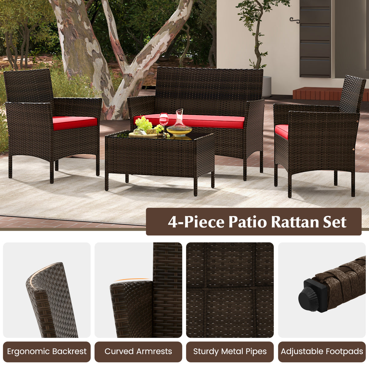 4-Piece Patio Rattan Conversation Set - Mix Brown & Red