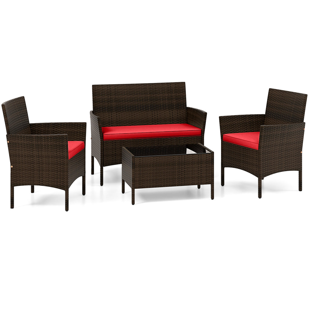 4-Piece Patio Rattan Conversation Set - Mix Brown & Red
