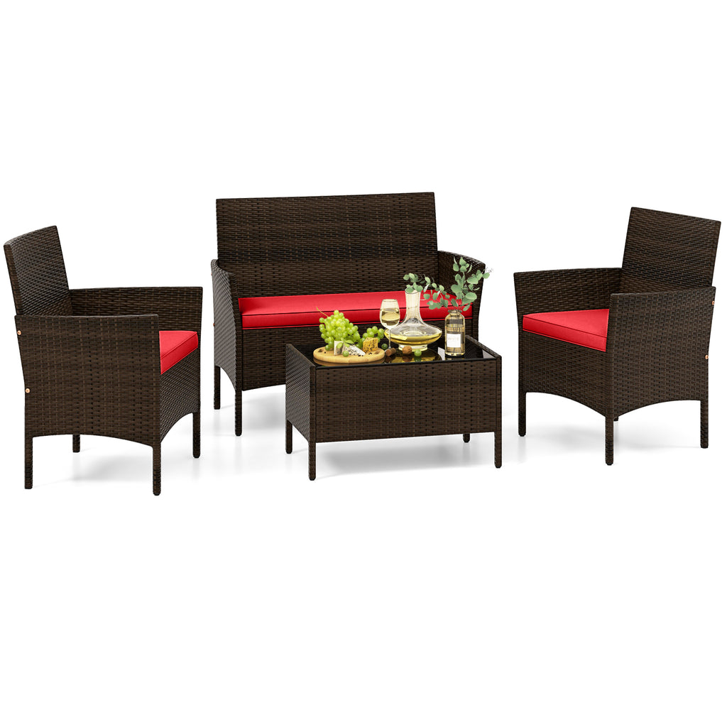 4-Piece Patio Rattan Conversation Set - Mix Brown & Red