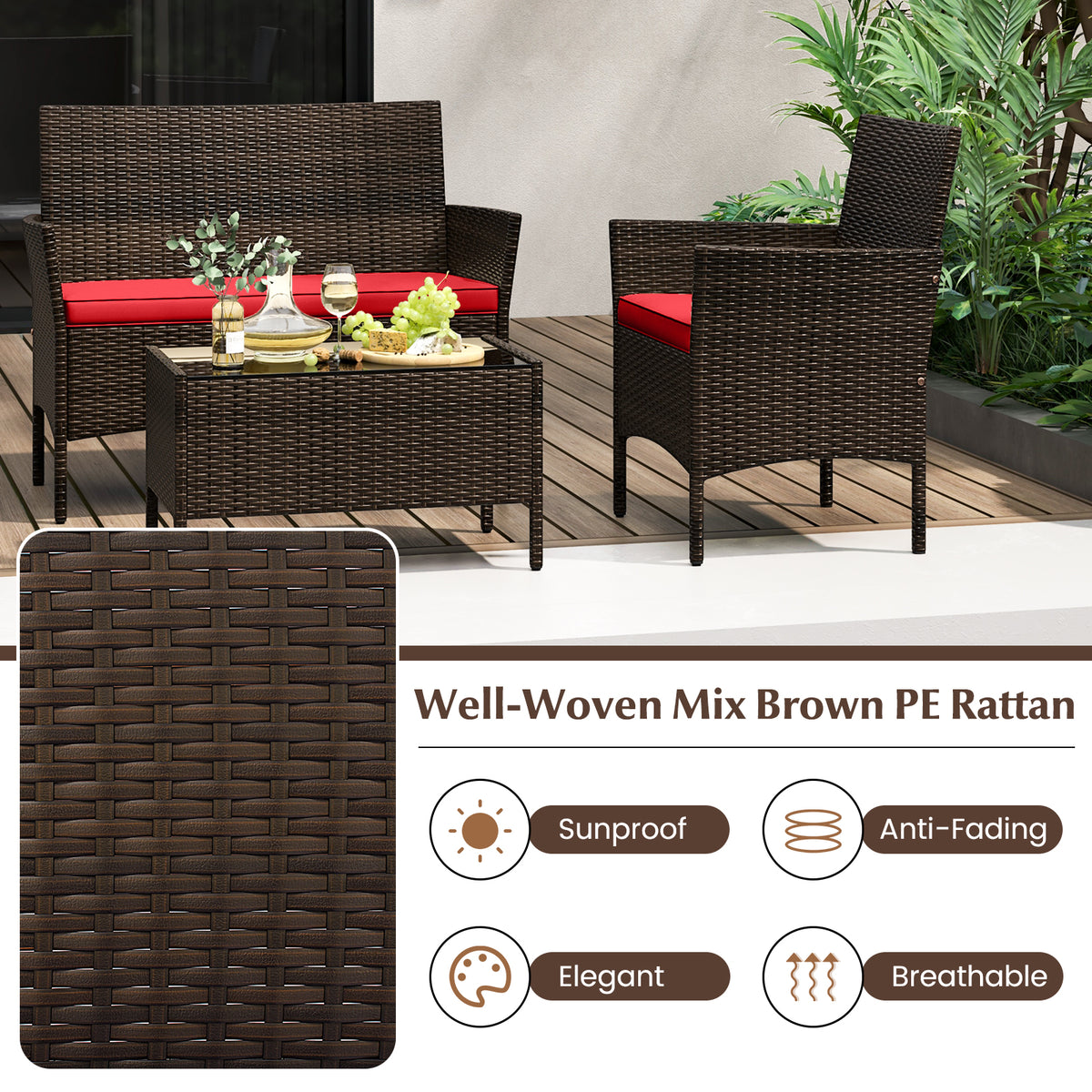 4-Piece Patio Rattan Conversation Set - Mix Brown & Red