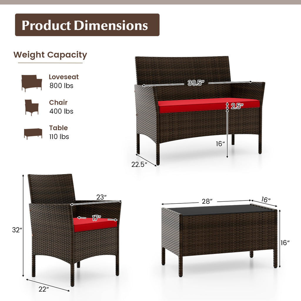 4-Piece Patio Rattan Conversation Set - Mix Brown & Red