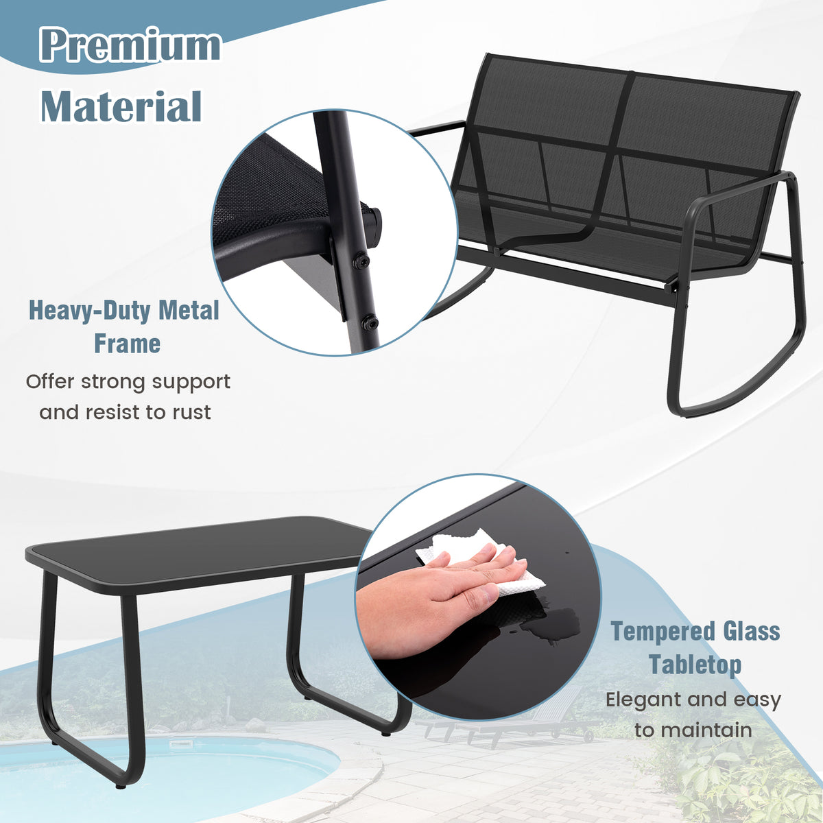 4 Piece Patio Rocking Set with Glass-Top Table