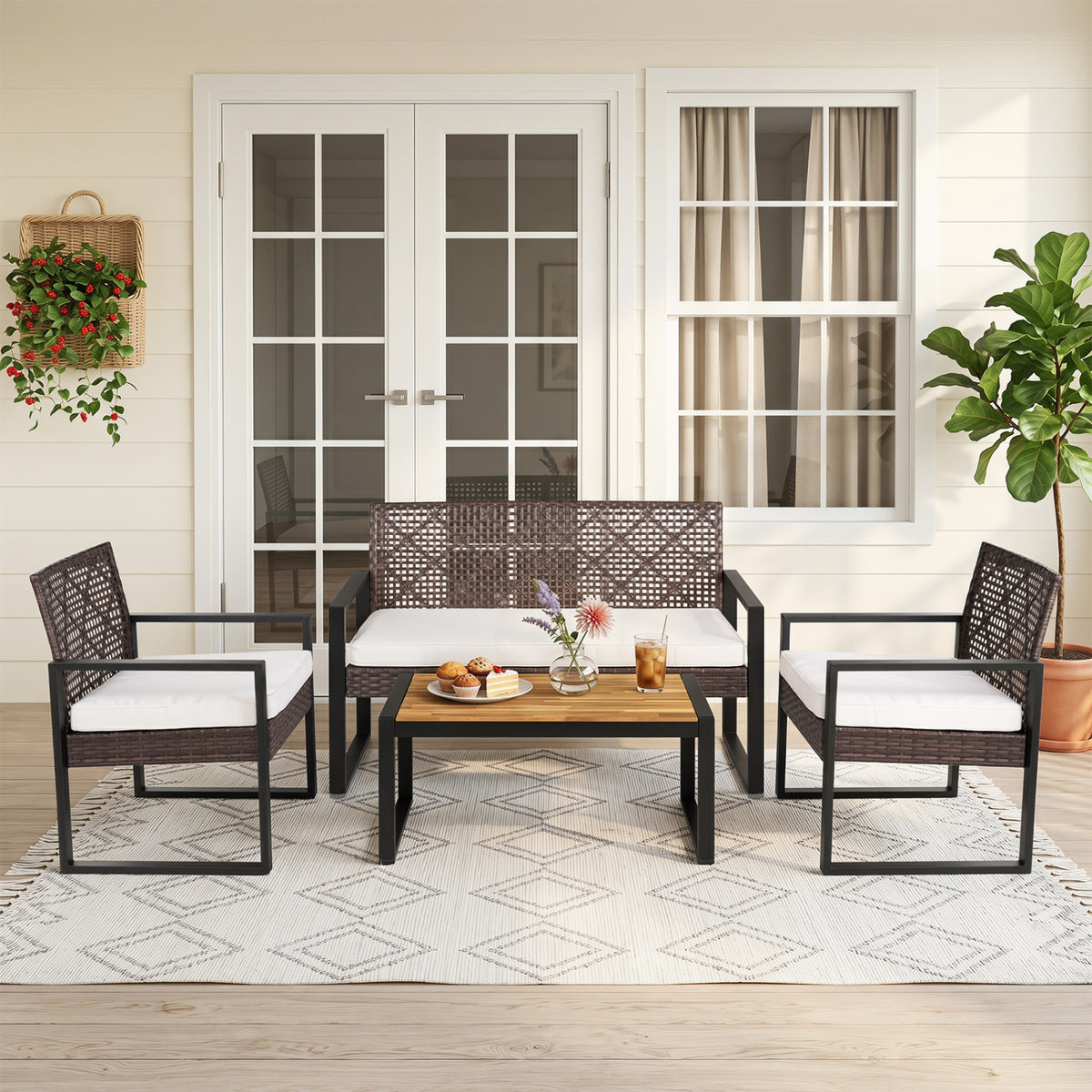 4-Piece Patio Set with Acacia Coffee Table and Wicker Chairs for