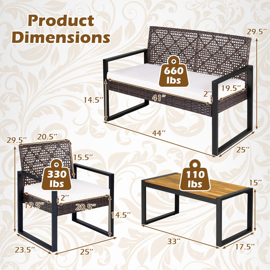 4-Piece Patio Set with Acacia Coffee Table and Wicker Chairs for
